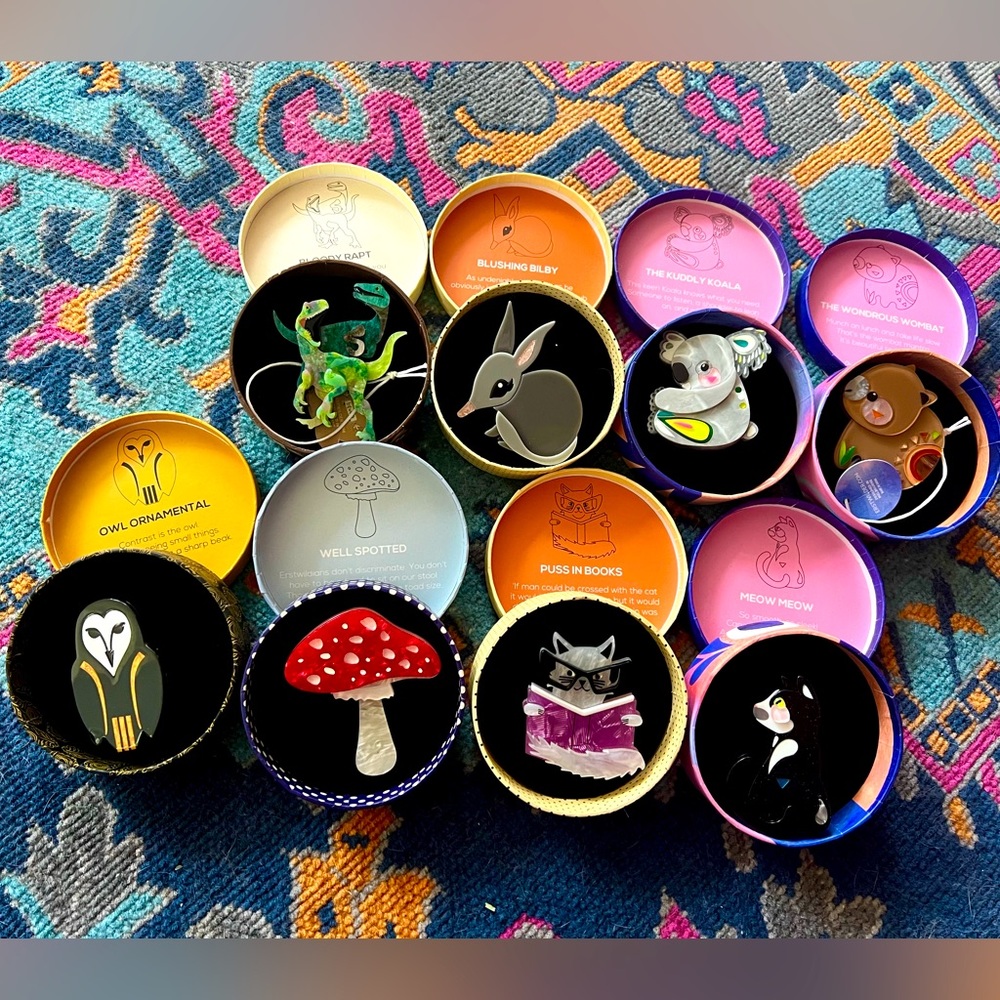 Lot of 8 Erstwilder Brooches (Owl Ornamental+ Well Spotted +Puss in Books +more)